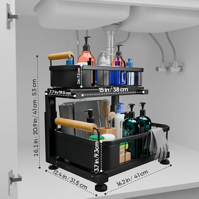 Premium Large Under Sink Organizer, 2-Tier Pull Out, Adjustable | Heavy-duty carbon steel, 7 adjustable heights and smooth ball-bearing sliding baskets for kitchen and bathroom cabinets - Image 7