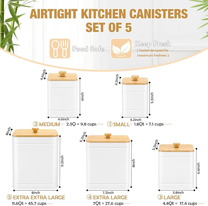 5 Pcs White Kitchen Canisters for Countertop with Labels Airtight Metal Containers Coffee Tea Sugar Flour Jars with Spoon Farmhouse Big Food Storage Set for Kitchen - Image 2
