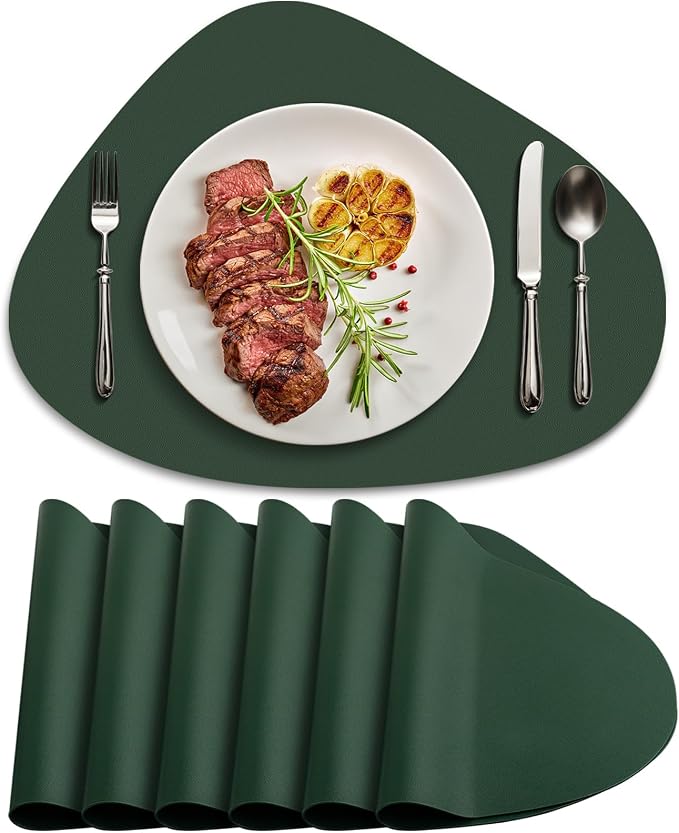 Faux Leather Placemats Set of 6, Wipeable & Washable Table Mats | Waterproof, Heat-Resistant & Easy to Clean Round Place Mats for Dining & Kitchen, 17''x13'', Green by Delicateandelegantplacemats