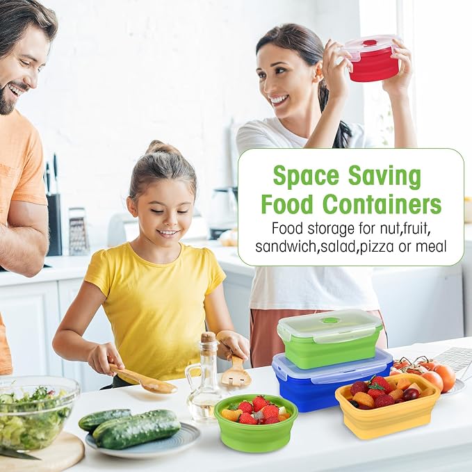 Yaomiao 16 Pack Collapsible Food Storage Containers with Lid Air Vent Foldable 8 Rectangle Storage Bowl and 8 Round Silicone Food Bow for Lunch Camping Rv Accessories Microwave Freezer(Bright Colors) - Image 6