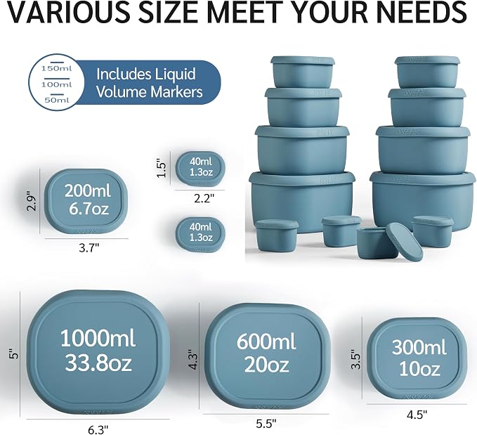 ISSEVE 12Pcs/Set Nesting Silicone Food Storage Containers with Lids | BPA-free, Reusable, Meal Prep Containers, Small Freezer Portions, Dishwasher Cleaning, Nested Cabinet Storage, 5 Sizes, Blue - Image 4