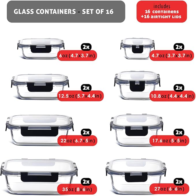 EATEX 32pc Glass Food Storage Containers with Lids, Airtight Glass Meal Prep, 16 Reusable Food Containers with 16 Leakproof Snap Lock Lids Oven Microwave Freezer Safe Lunch Containers - Image 3
