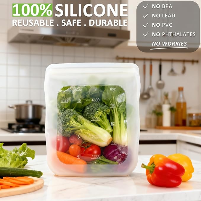100% Silicone Gallon Storage Bags, Extra Large Reusable 1 Gallon Silicone Storage Bags Stand-Up Zip-Lock Leakproof for Bulk Food & Large Portions, Freezer Microwave Sous Vide Dishwasher Safe, 2 Pack - Image 2
