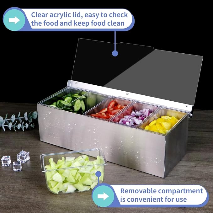 MOLIGOU Chilled Condiment Server, Stainless Steel Chilled Condiment Tray with Lid, Ice Fruit Serving Containers with 5 Removable Compartments - Image 5