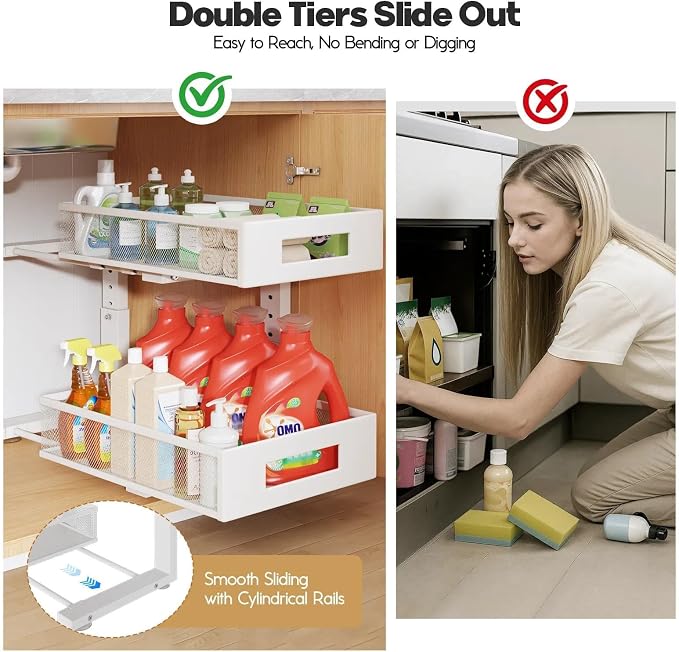 Under Sink Organizer, 2-Tier Dual Pull Out Cabinet Organizer Drawers With Smooth Circular Rail, Large Capacity Metal Mesh Sliding Shelves For Bathroom& Kitchen Storage,Height Adjustable–White,1 Pack - Image 7