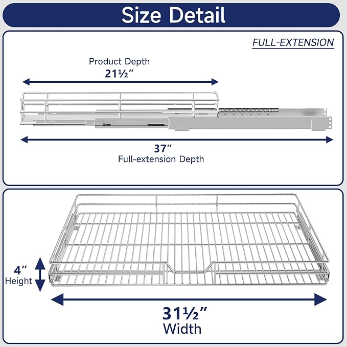 Pull Out Cabinet Organizer, 31.5" W x 21.5" D, Heavy Duty Chrome Slide Out Shelf for Wide Base Cabinets, Sliding Wire Basket Drawer for Pots, Pans, Appliances & Pantry Storage - Image 2