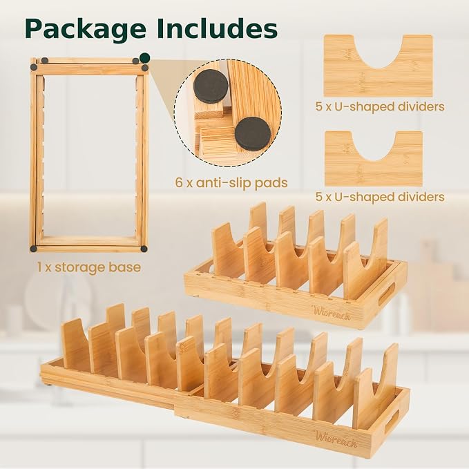 Wisreach Bamboo Pot Lid Organizer, Adjustable Kitchen Organizer for Cabinet, Expandable Pot and Pan Storage Rack, Kitchen Organization for Lids, Bakeware, and Cutting Boards - Image 6