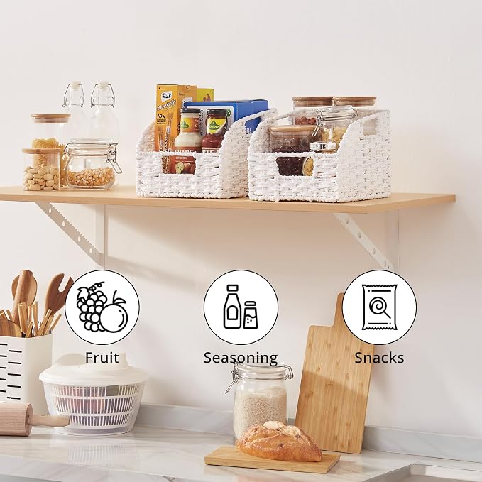 OIAHOMY Pantry Baskets for Organizing, Paper Rope Baskets with Built-in Handles, Wicker Storage Bints for Shelves, 2 Pack-White - Image 7