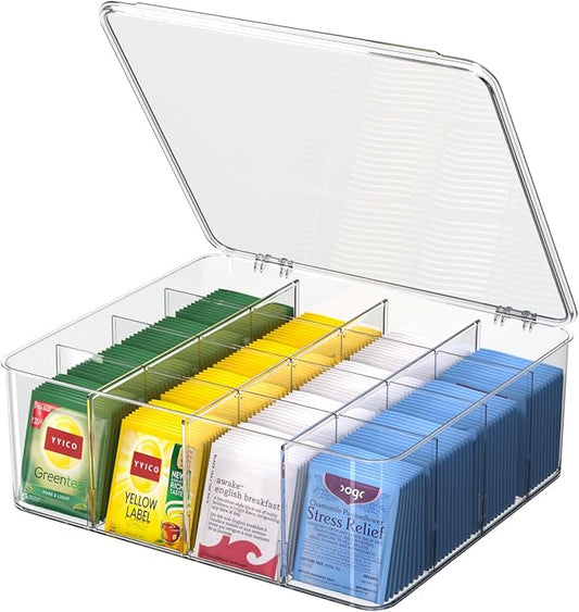 Tea Bags Organizer With Lid: Clear Tea Box For Tea Organizers And Storage | Adjustable Compartments, Extra Large, Holds 240 Tea Bags, Stackable Tea Bag Holder For Pantry, Kitchen, Countertop, Cabinet by Weaccompanyyoueverymoment