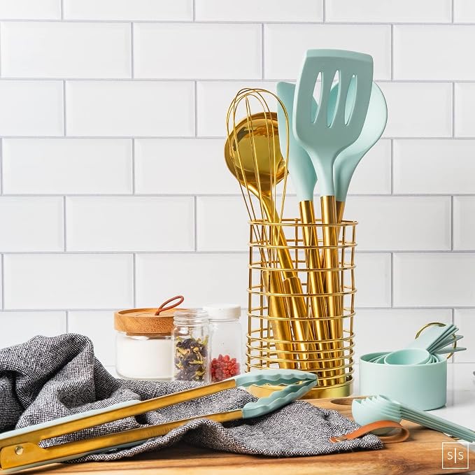Styled Settings Teal Blue Kitchen Utensils Set with Holder, 17-Piece, Gold | Nonstick Safe Cooking Utensils with Gold Utensil Holder - Stylish Teal Blue Kitchen Accessories for Cooking and Baking - Image 5