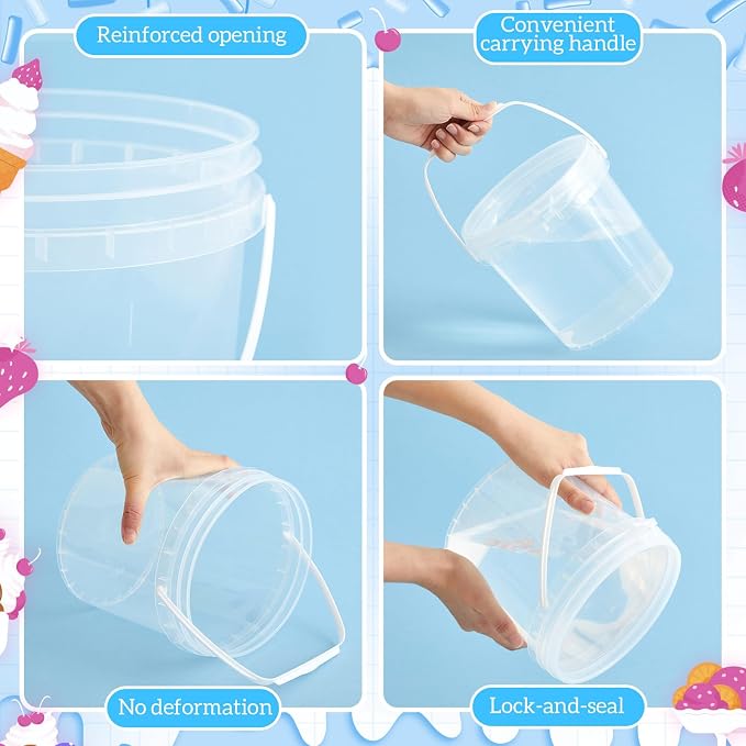 10 Pack 1 Gallon / 128 oz / 3.8 L Clear Plastic Bucket with Handle and Lids Food Storage Containers Freeze Safe Ice Cream Tubs for Deli Kitchen Drinks Home - Image 3