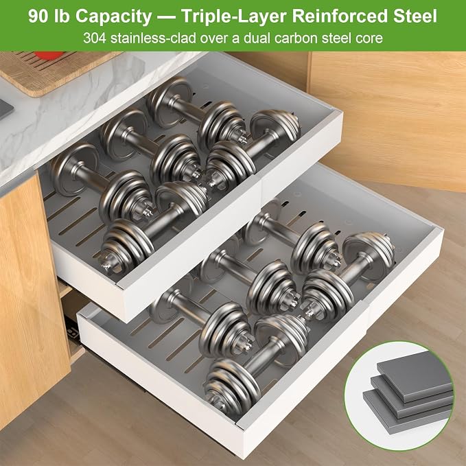 Expandable Pull Out Cabinet Organizer, 3 Full Extension Glides Slide Out Drawers, Roll Out Shelves Adhesive Raising Pad, Compatible Framed Cabinets (21" D x 12.2"-20.5" W(4Pack) White) - Image 5