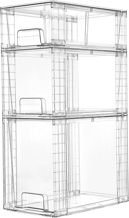 Vtopmart 3 Pack Clear Stackable Storage Drawers,Easy to Assemble Bathroom Organizers and Storage with handles,Plastic Drawers for Kitchen Pantry,Cabinet,Under Sink Organization | Tall, Medium and Small Pull-Out PET Drawers with Stackable Design for Bat... by Vtopmart