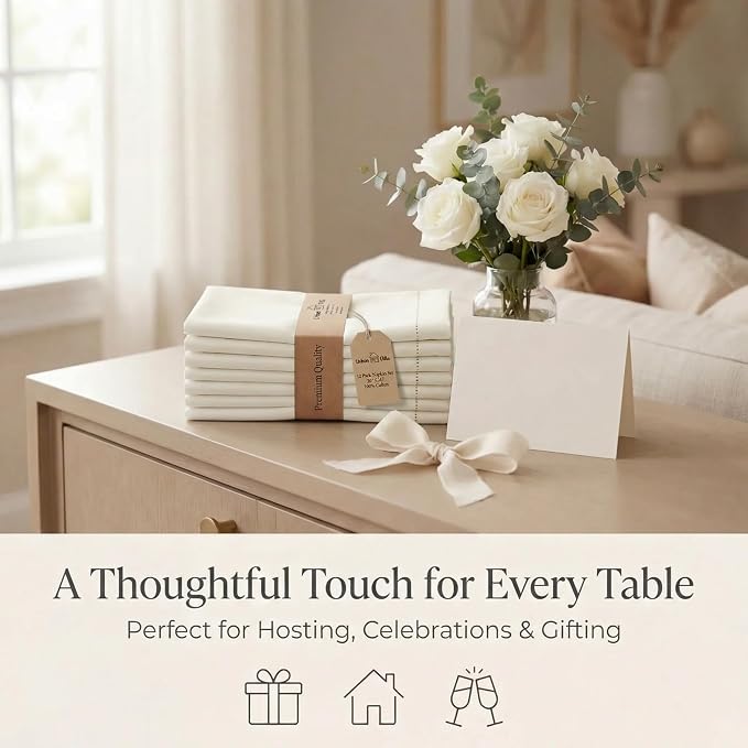 Urban Villa Hemstitch Cloth Dinner Napkins Cotton 20”x20” (Set of 12)-Ivory - Image 9