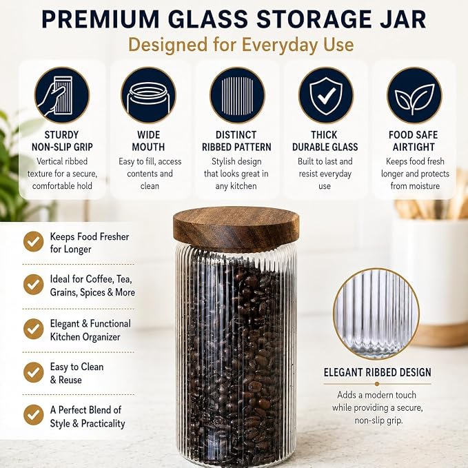 Mason & Fable Ribbed Glass Jars with Wooden Lid 27 fl oz- Set of 3 | Airtight Fluted Storage Container for Pasta, Coffee, Candy, Dog Treats, Snacks | Glass Organization Canisters for Home & Kitchen - Image 4