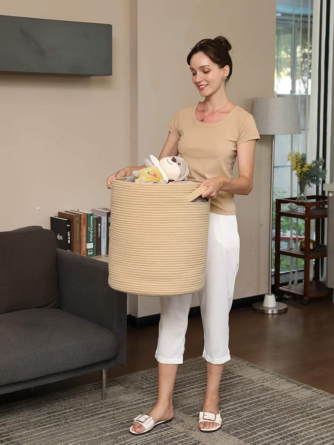 16x18 Inch Extra Large Round Cotton Rope Storage Basket with Lid, Decorative Woven Bin with Cover for Living Room Bedroom Closet, Beige - Image 5