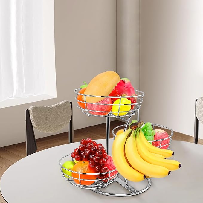 Livabber Fruit Basket Bowl with Banana Hanger, Fruit Vegetable Storage Basket with Banana Tree Holder for Kitchen Counter, Detachable Organizer for Bread Snack Produce (Chrome, 3-Tier Metal Base) - Image 9