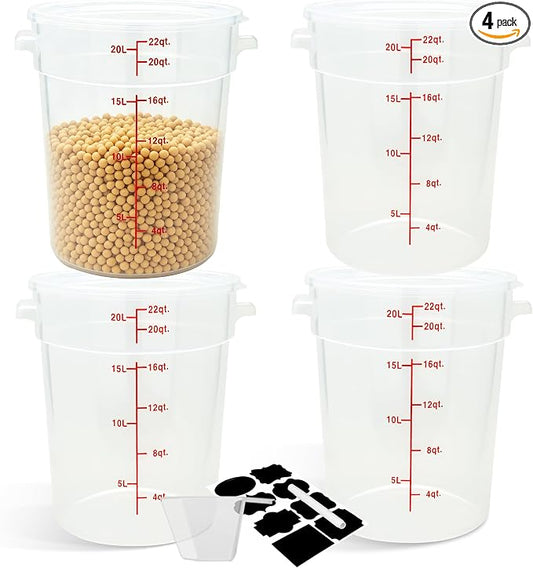 BIEAMA 4 Pack 22 Qt Round Food Storage Containers with Lids, Translucent PP | Include lids, labels, measuring cups and containers with capacity markings for food prep, pantry storage and dough proofing. by BIEAMA