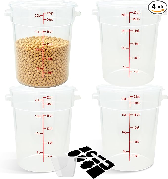 BIEAMA 4 Pack 22 Qt Round Food Storage Containers with Lids, Translucent PP | Include lids, labels, measuring cups and containers with capacity markings for food prep, pantry storage and dough proofing. by BIEAMA