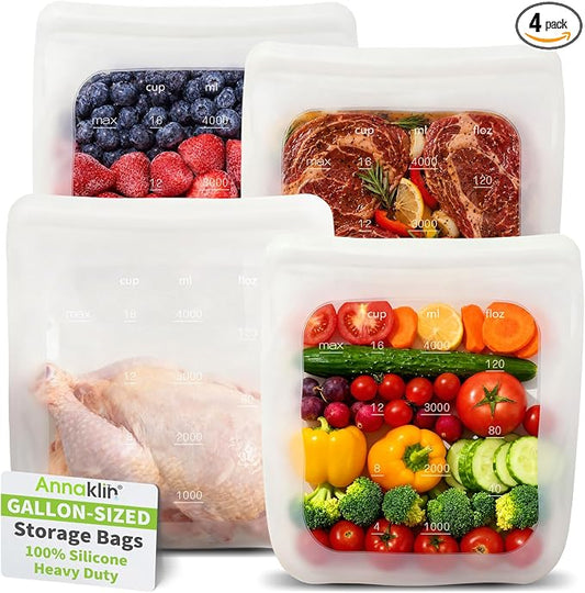 100% Silicone Gallon Storage Bags, Extra Large Reusable 1 Gallon Silicone Storage Bags Stand-Up Zip-Lock Leakproof for Bulk Food & Large Portions, Freezer Microwave Sous Vide Dishwasher Safe, 4 Pack by Annaklin