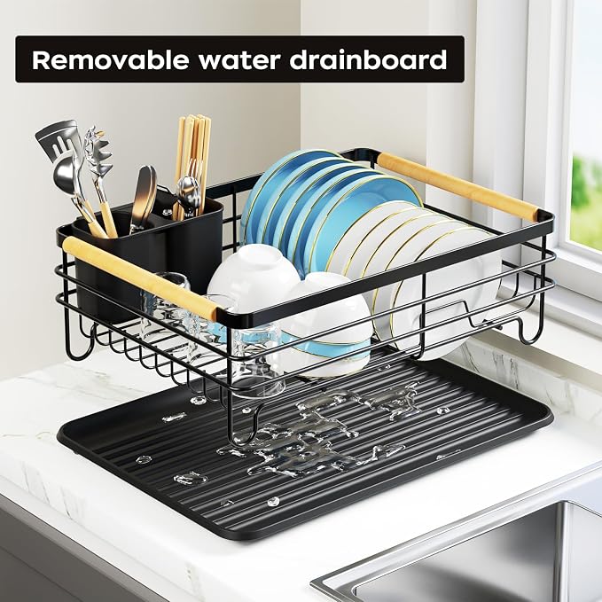 Dish Racks for Kitchen Counter: Wooden Handles, Thickened Metal, No Assembly. Small Dish Drying Rack: Ideal for Small Households. Drying Rack Kitchen: Black - Image 4