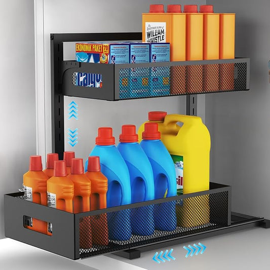 Petiza Under Sink Organizer Pull Out Cabinet Organizer Adjustable Height 2 Tier with Sliding Drawers Kitchen Bathroom Organizer and Storage(1pc) by petiza