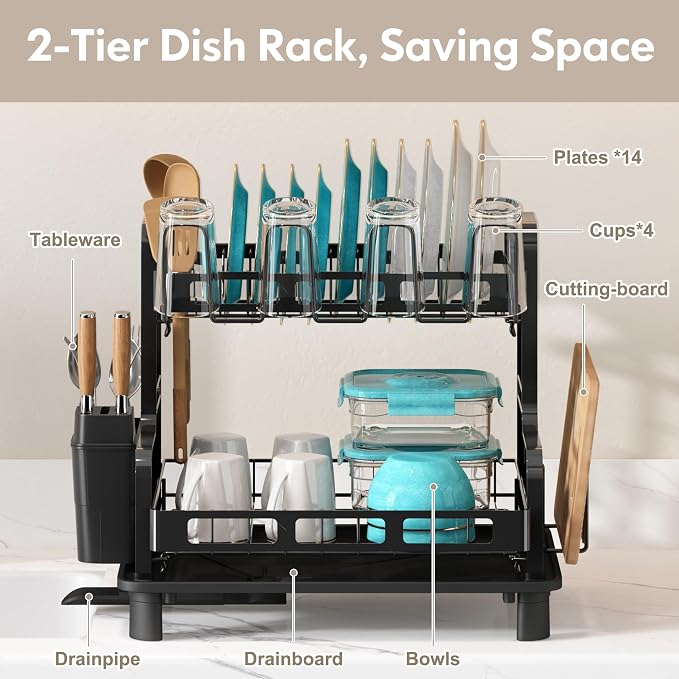 2 Tier Dish Drying Racks for Kitchen Counter with Utensil Holder | Large Stainless Steel Dish Drain, Space Saving, Big Modern Silver Countertop Metal Plates Dryer Strainer and Extra Tray - Image 2