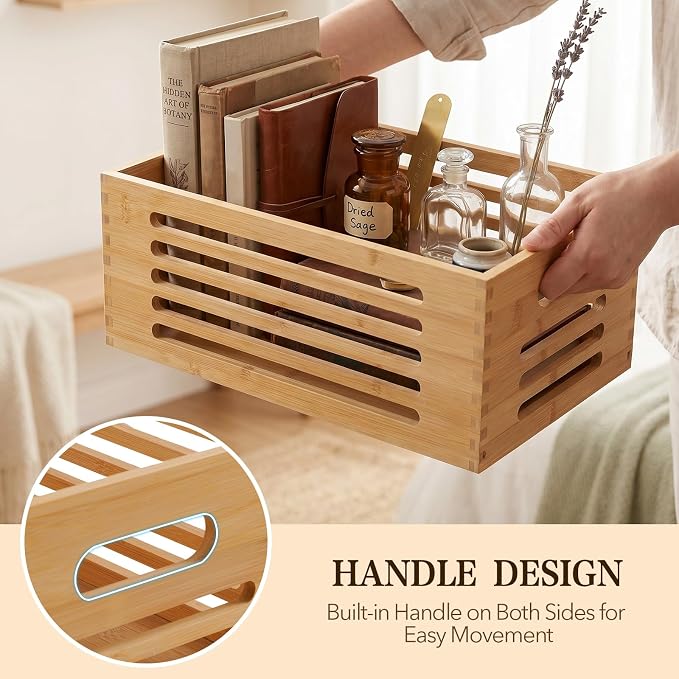 ANMINY Wood Storage Bins Crates, Nesting 4PCS, Sturdy Mortise-Tenon Joint | Natural Bamboo Boxes Bins with Built-in Handles, Sturdy Corner Joints, Hollow Stripe Design, Nestable for Pantry Shelf - Image 5