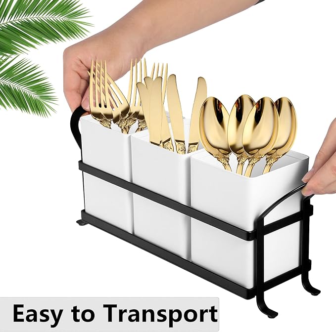 NelyBet Utensil Holder Silverware Caddy for Party Countertop, 3pcs Bins Set Silverware Caddy Organizer Holders for Spoon and Fork, White and Black - Image 6