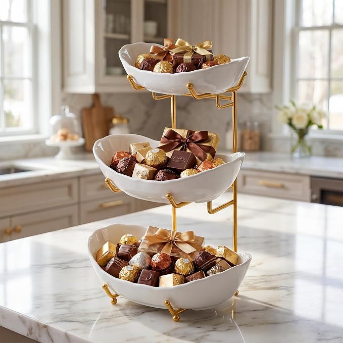GIRAVO 3 Tier Ceramic Fruit Bowl with Metal Stand, Tiered Countertop Fruit Basket, Serving Tray Stand for Kitchen Counter, Fruit & Vegetable Storage, White Bowls with Gold Rack - Image 8