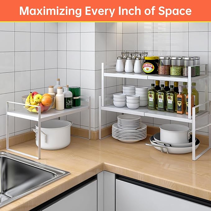 Adjustable Kitchen Shelf Organizer 9", (2 Pack) Heavy-Duty Cabinet Shelves for Countertop, Pantry & Microwave, Expandable Space-Saving Storage Rack with Non-Slip Pads, White - Image 4