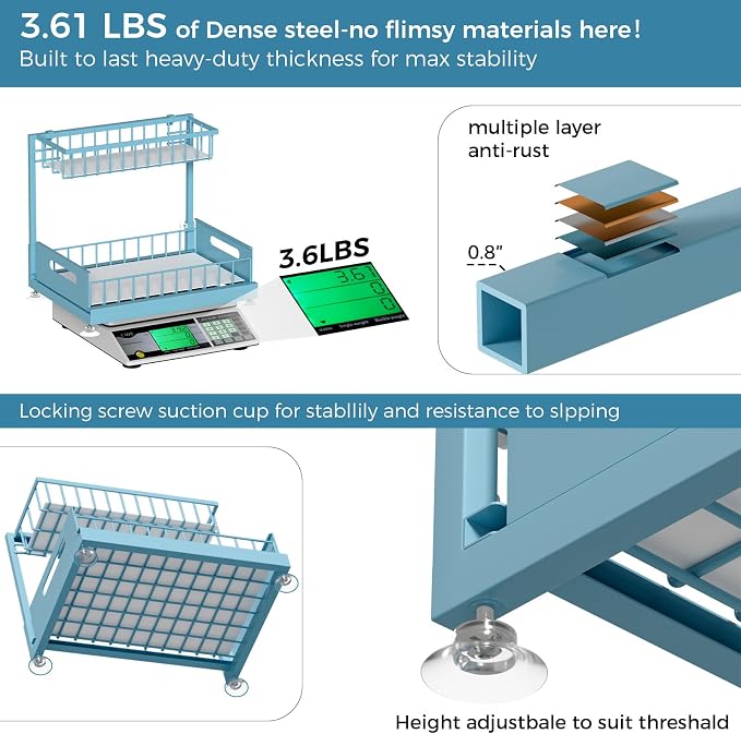 2-Pack L-Shaped Under Sink Organizer, 2-Tier Pull-out Cabinet Rack | Teal Height-Adjustable Steel Rack, Sliding Grid Drawers with PP Liners, Holds 100 Lbs, Suction Base, Ideal Kitchen Storage - Image 4