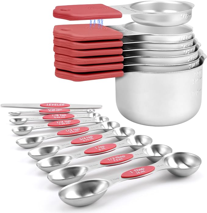 Magnetic Measuring Cups and Spoons Set-Heavy Duty 304 Stainless Steel，Double Measurement Markings，Set of 16 with Leveler for Measure Dry and Liquid Ingredients (Red) by HOUJIP