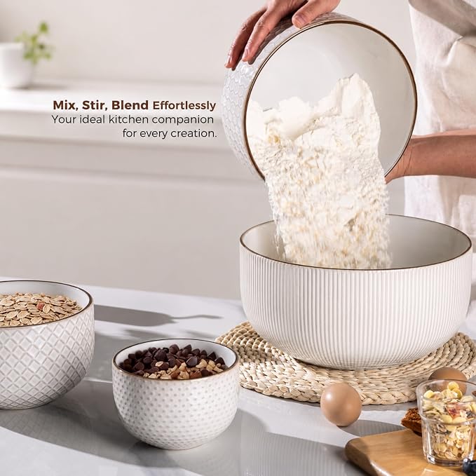 GBhome Ceramic Mixing Bowls Set of 4, Stoneware Nesting Serving Bowls | 150/105/45/20 oz For Prep, Baking, Serving, Gift, Microwave and Dishwasher Safe, Embossed Dishware Collection-Off White - Image 5
