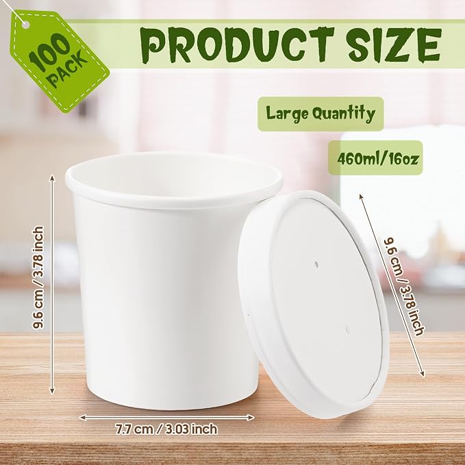 Fulmoon 100 Pack Paper Soup Containers with Lids Disposable Paper Food Containers with Vented Lid Kraft Ice Cream Cake Dessert Cups Soup Bowl for Party Hot Food Fruit Microwave(16 oz,White) - Image 2