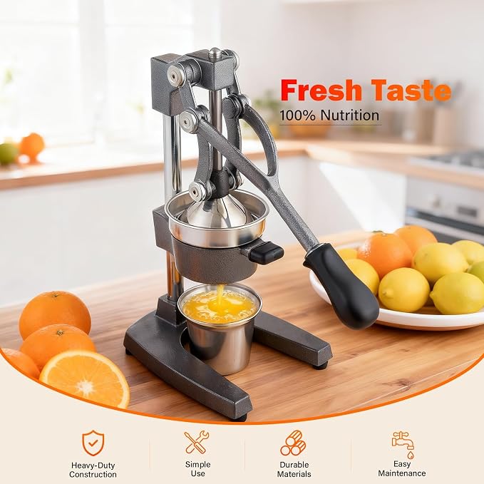 Manual Cast Iron Juicer, Gray Lemon Citrus Squeezer | Detachable Cone, Free Stainless Steel Cup, Extracts Juice from Lemons, Oranges and Grapefruits, Easy to Clean - Image 2