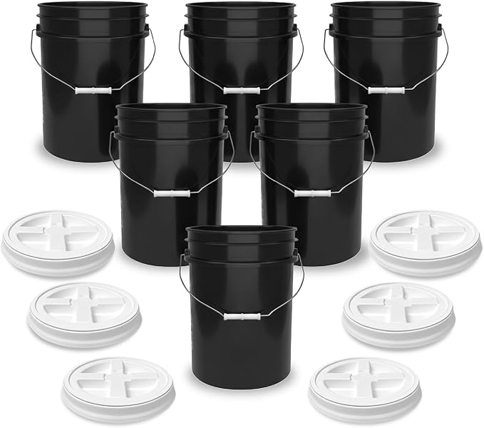 5 Gallon Bucket - Food Grade w/Lid BPA-Free, Black/White, 6 | Airtight Gamma Seal Screw-On Lid, Heavy-Duty 90 Mil HDPE Plastic, Food Safe and Durable Container, Bulk Storage, Made in USA by ePackageSupply