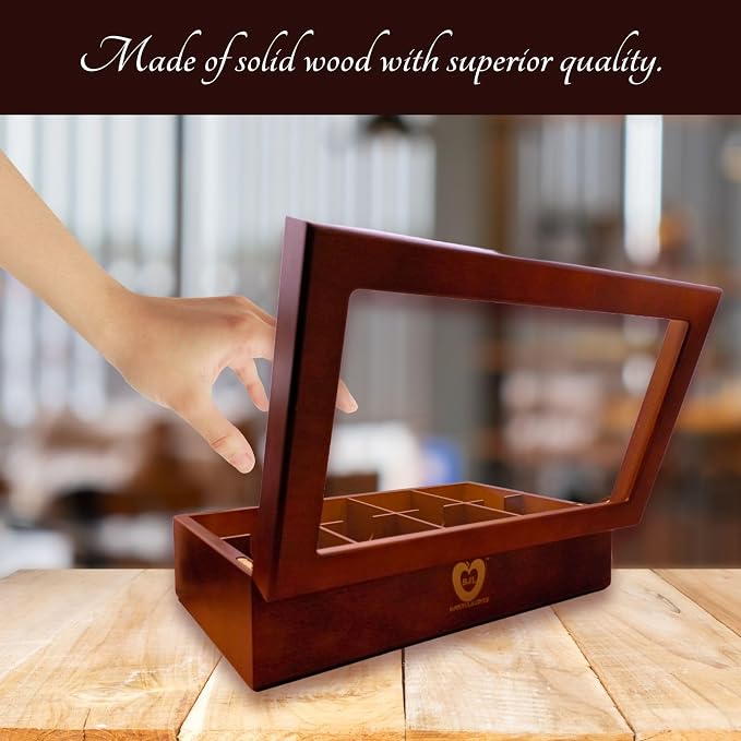 BJOYFUL&LOVED Wooden Tea Box with Glass Lid, 8-Compartment, Cherry Color | Removable Dividers Customize Storage for Tea Bags, Sugar Packets, Coffee Capsules, Jewelry, Watches and Small Accessories - Image 2