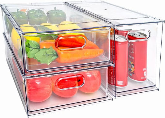 Stackable Fridge Drawer Pull-Out Bins with Handles 3 Pack Large Clear Food Container with Removable Dividers Refrigerator Storage box Divided Produce Saver for Pantry Kitchen by MineSign