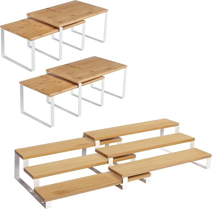 SONGMICS 6-Piece Spice Racks Bundle, 4-Pack Spice Shelves, 2-Pack 3-Tier Spice Organizers, for Kitchen Cabinet Pantry Countertop, Bamboo with Metal Frame, Natural and White UKCS010N01 and UKCS016N02 by Unknown