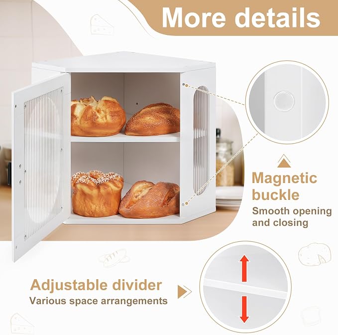 Sunhoo Bread Box for Kitchen Countertop Corner Bread Storage Wooden Breadbox Container 2 Layer Bread Holder Keeper Large Farmhouse Bread Bin Shelf for Homemade Pantry Vintage Acrylic Window (White) - Image 2