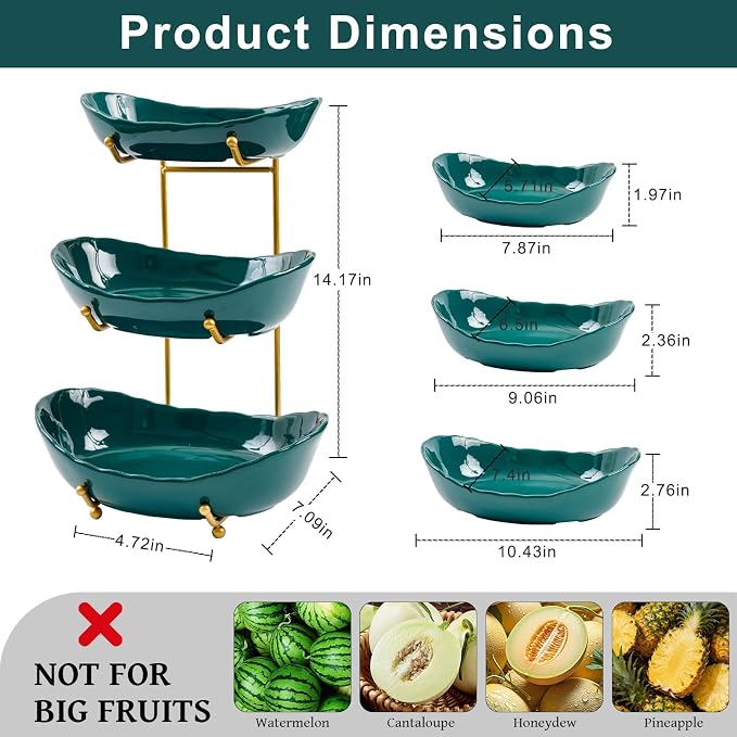 3 Tier Ceramic Fruit Bowl for Kitchen Counter | Tiered Fruit Basket for Countertop, Serving Tray for Food, Vegetable, Cake, Dessert in Party(Dark Green) - Image 2
