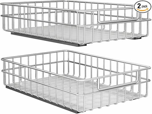 Pull out Cabinet Organizer, Stainless Steel 2-Pack (13.8"W x 21"D) Full-Extension Slide out Drawer, Adhesive Roll out Can Spice Storage Basket Shelf Rack for Pantry, Kitchen, Bathroom, Home Closet by Kitstorack
