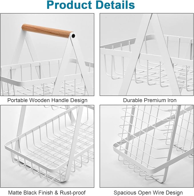 2-Tier Fruit Basket, Metal Fruit Bowl Bread Baskets Countertop Vegatable Storage Stand for Kitchen, White - Image 6