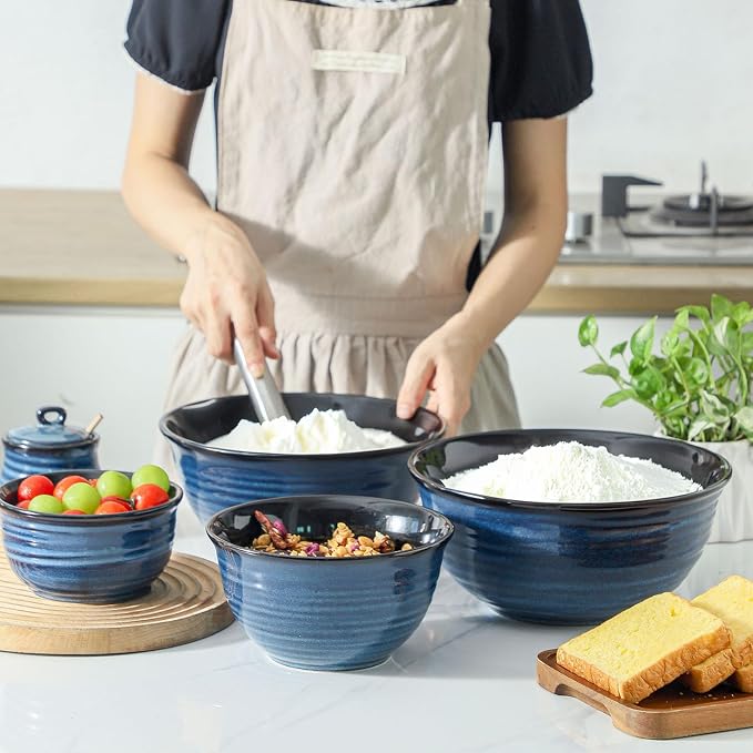Hasense Mixing Bowls Set, Porcelain Large Salad Bowls for Cooking, Baking, Prepping, Serving, Blue Nesting Dishes for Housewarming Gift, Microwave Dishwasher Safe, 2.8/2.1/1.0/0.5 Qt - Image 3