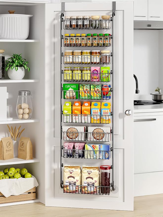 Delamu Over The Door Pantry Organizer, 9-Tier Pantry Door Organizers and Storage with Adjustable Basket, Metal Hanging Spice Rack, Seasoning Organizer, Door Organizer for Home Kitchen Bathroom, Black by DELAMU