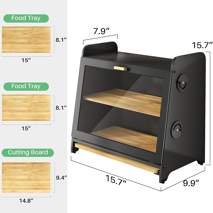 SNTD Airtight Bread Box for Kitchen Countertop, Bamboo Cutting Board, Black | Adjustable Vent Hole, Sorted Storage, Natural Wood, Magnetic See-through Door, Metal Frame, Homemade Bread Storage Container - Image 2