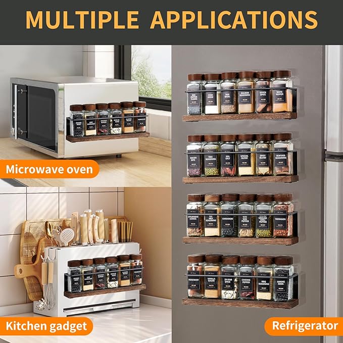 Wooden Lid Magnetic Spice Rack with 24 Jars, 216 Labels, 1 Steel Funnel for Refrigerator，Microwave Oven - Full Set of Spice Organizer - Image 7