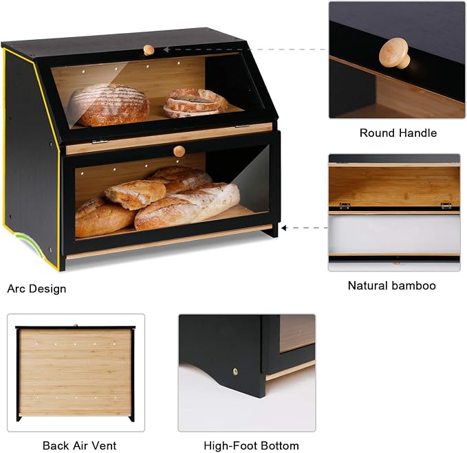 HOMEKOKO Double Layer Wooden Bread Box, Keep Bread Fresh Longer, Black | Keeps Bread Fresh 3-4 Days, Large Capacity Fits 2+ Loaves, Suitable For Home Kitchen Food Storage Use, See-Through Window - Image 4
