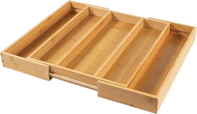 Utoplike Drawer Organizer Kitchen Utensils, Expandable Bamboo Cutlery Tray | Extendable Silverware Holder for Drawer, Flatware Caddy for Organized Kitchen, Apartment and RV, 3-5 Slots by Utoplike